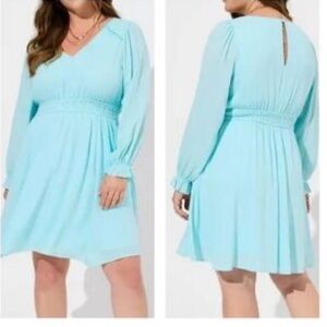 Torrid Blue Gauze Skater Mini Dress Size 2 (2X) Smocked Waist Long Sleeve Pocket